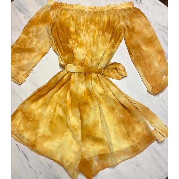 NEW! Yellow Tie Dye Off Shoulder Romper S Left - Picture 3 of 9